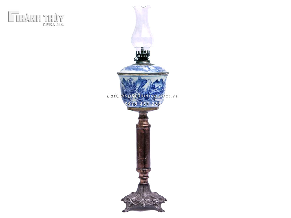Đèn dầu vẽ sơn thủy men Lam - Cao 49cm (1)