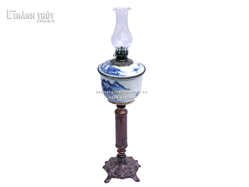 Đèn dầu vẽ sơn thủy men Lam - Cao 49cm (2)