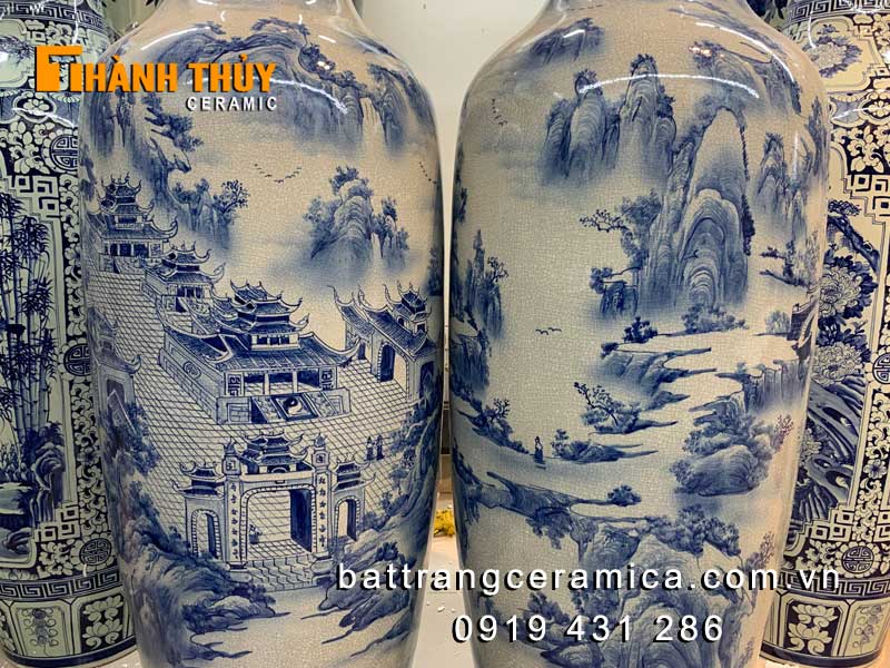 Lục bình sơn thủy vẽ 3d men rạn bóng 1m6