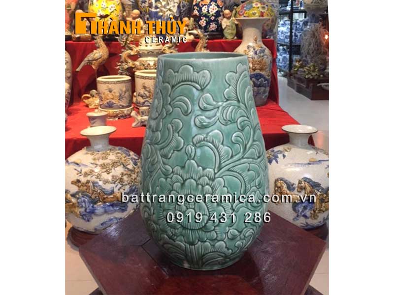 Lọ gốm men xanh ngọc khắc hoa Phù Dung
