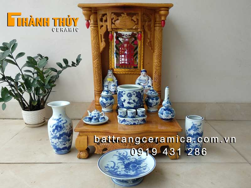 Bộ đồ thờ thần tài Bát Tràng men lam