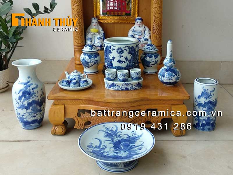 Bộ đồ thờ thần tài Bát Tràng men lam