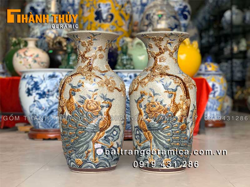 Lục bình đắp nổi chim Công hoa Đào cao 40cm
