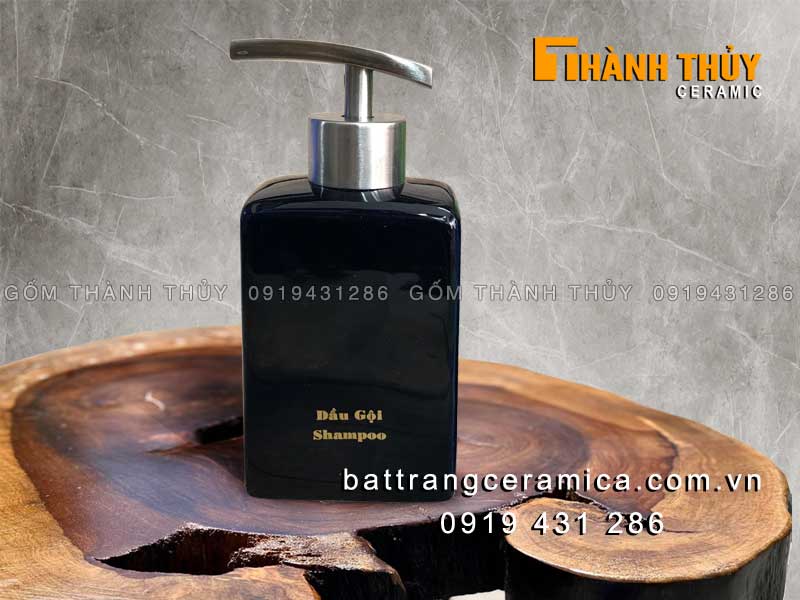 Bình đựng dầu gội bắng sứ dáng vuông màu đen