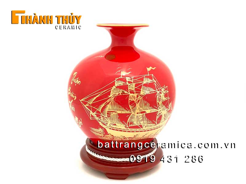 Bình gốm Thuận buồm xuôi gió màu đỏ cao 25cm