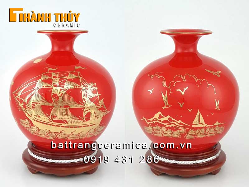 Bình gốm Thuận buồm xuôi gió màu đỏ cao 25cm
