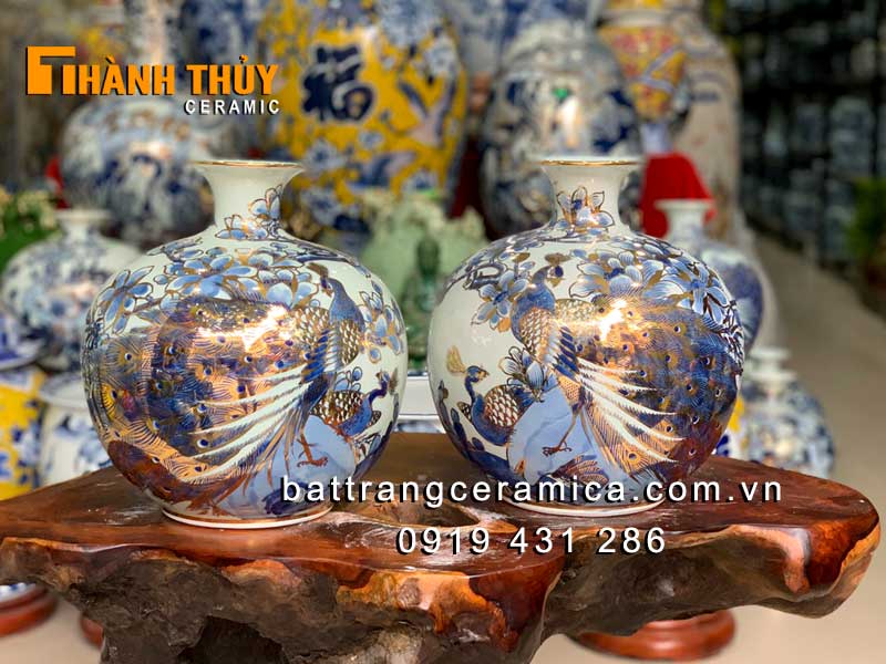 Bình hút lộc vẽ vàng chim công hoa lan H30