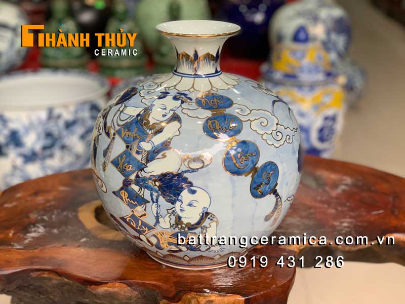Bình hút lộc vẽ vàng Ngũ Phúc Lâm Môn h30