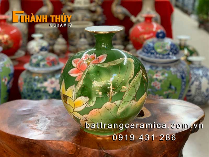 Bình hút lộc hoa Sen nền xanh vẽ vàng 30cm