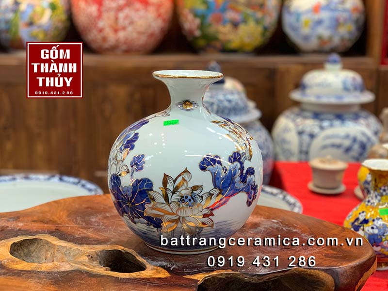 Bình hút lộc hoa sen vẽ vàng kim cao 25cm
