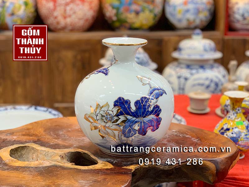 Bình hút lộc hoa sen vẽ vàng kim cao 25cm
