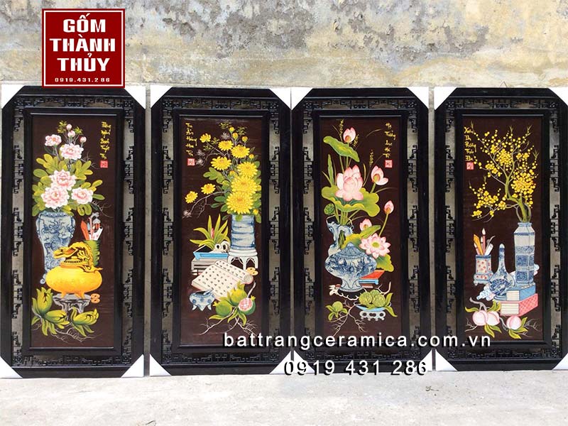 Bộ tranh gốm tứ quý cổ đồ bình an 50x105cm