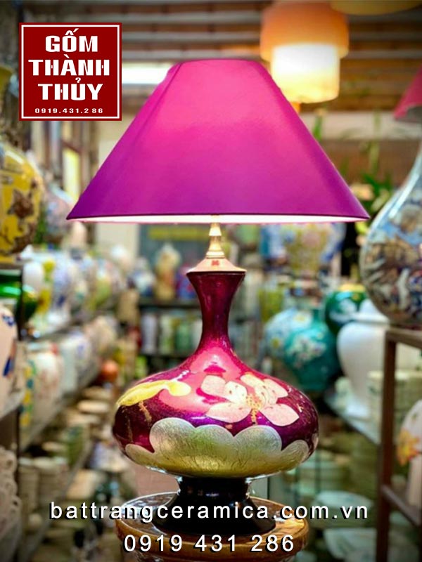 Đèn ngủ gốm sứ sơn mài màu tím sen