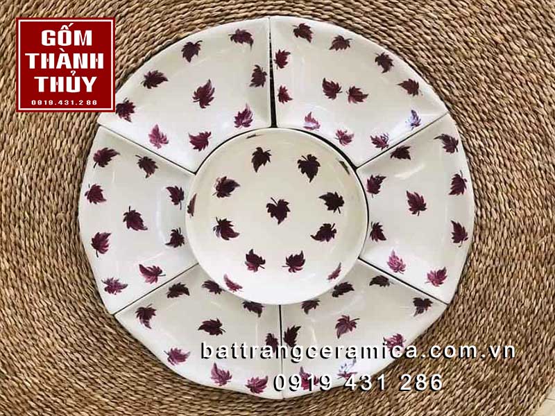 Bộ bát đĩa hoa mặt trời vẽ lá phong đỏ