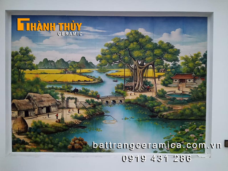 Tranh ốp tường gốm Bát Tràng vẽ cảnh quê