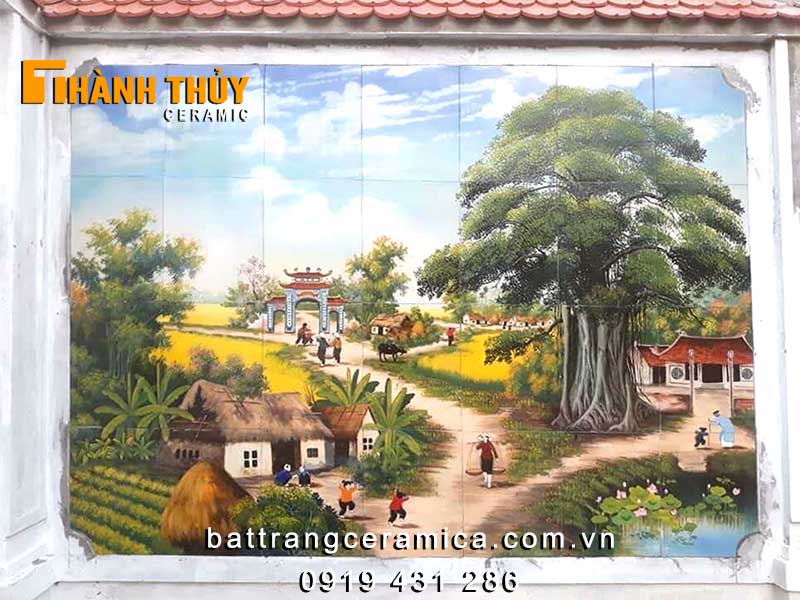 Tranh ốp tường ngoài trời vẽ phong cảnh làng quê hàng cao cấp Bát Tràng