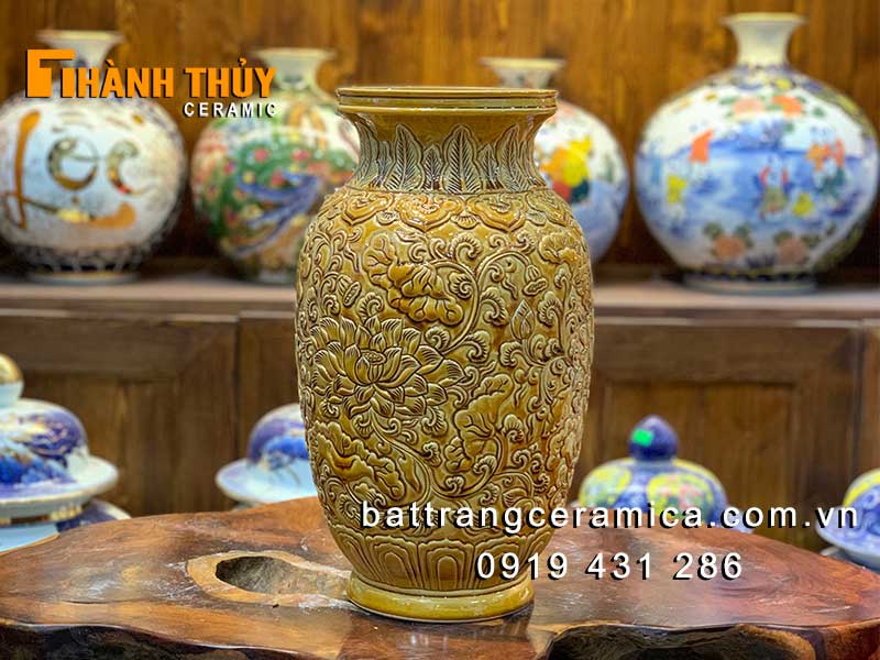 Bình gốm khắc hoa cao cấp 35cm gốm sứ đẹp Bát Tràng
