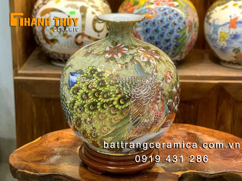 Bình hút lộc vẽ vàng chim khổng tước cao 35cm