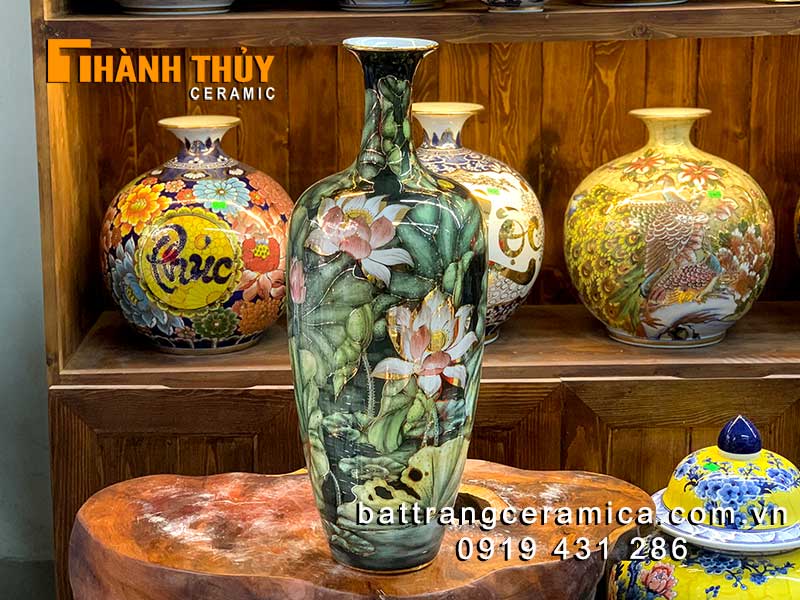 Bình vẽ vàng liên hoa cát tường cao cấp 60cm