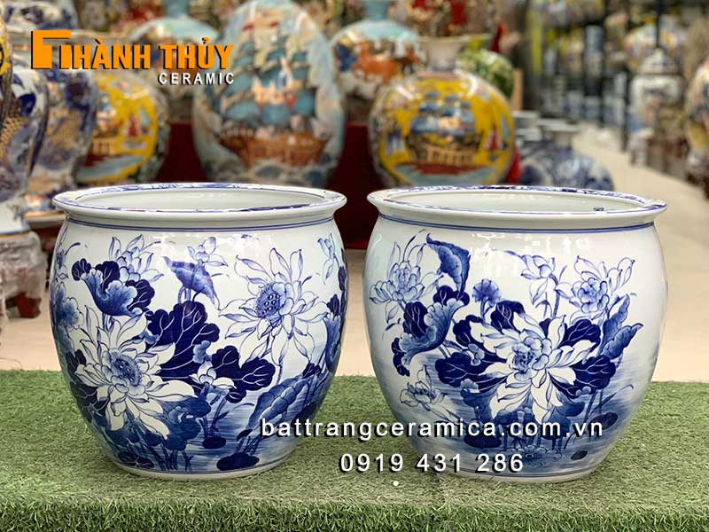 Thống sứ bát tràng vẽ hoa sen phi 37cm