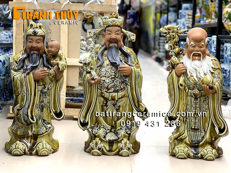 Tượng phúc lộc thọ bằng sứ men vàng lưu ly 60cm