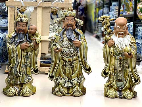 Phúc Lộc Tượng phúc lộc thọ bằng sứ men vàng lưu ly 60cm cao cấp Bát Tràng