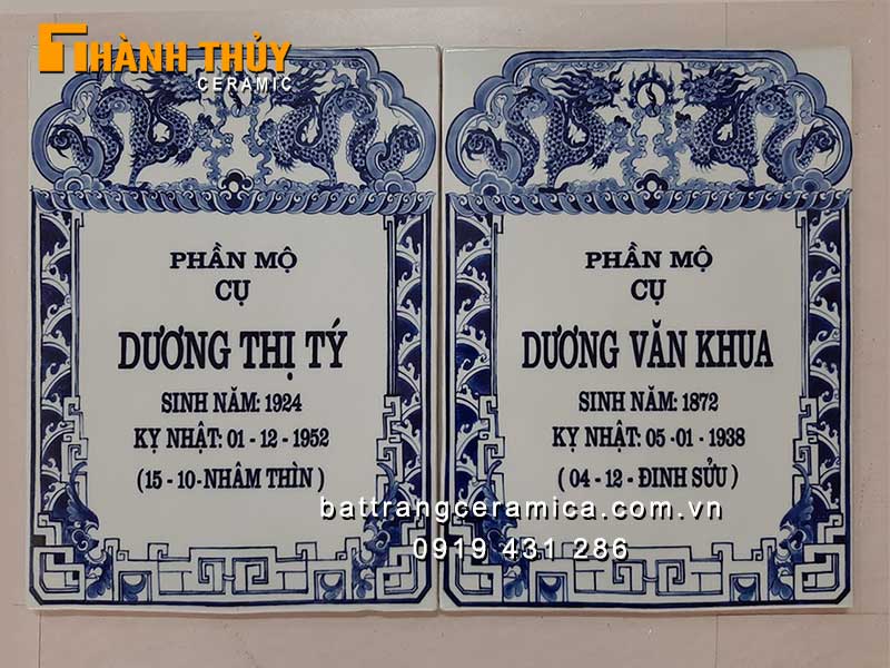Bia mộ sứ men lam vẽ tay 30cm x 40cm
