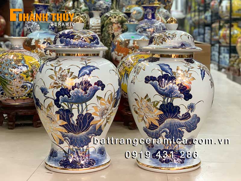 Chóe sứ bát tràng hoa sen vẽ vàng 60 lít