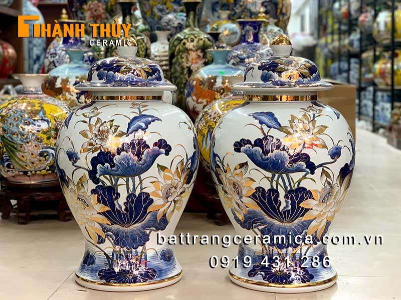 Chóe sứ bát tràng hoa sen vẽ vàng 60 lít