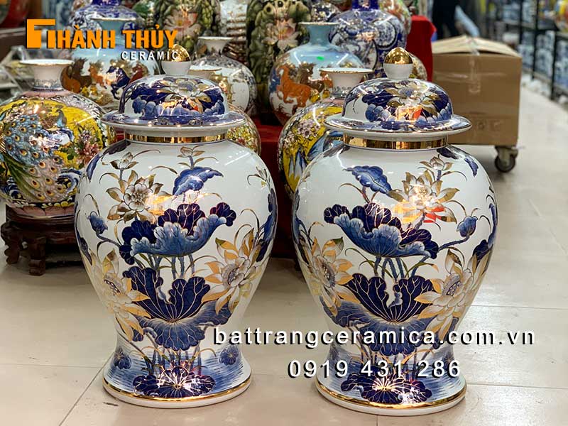 Chóe sứ bát tràng hoa sen vẽ vàng 60 lít