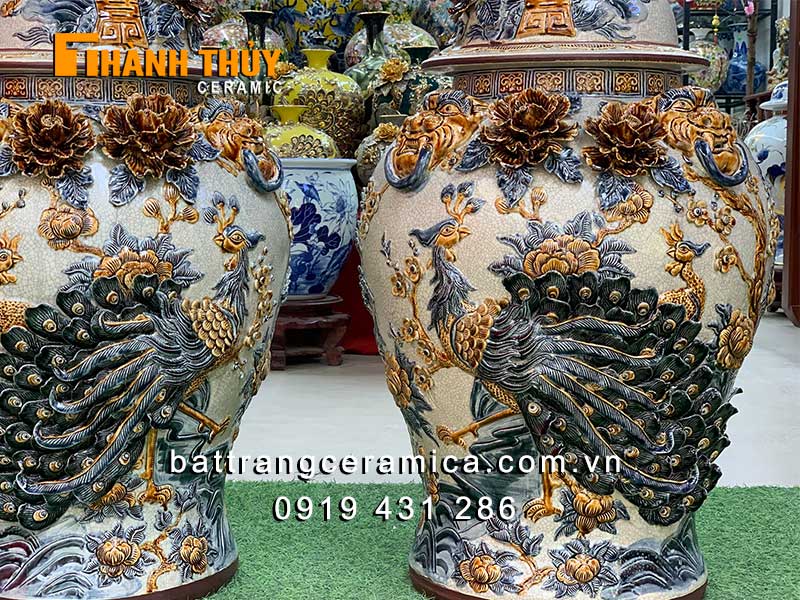 Đôi chóe phong thủy đắp nổi Công Đào 50 lít