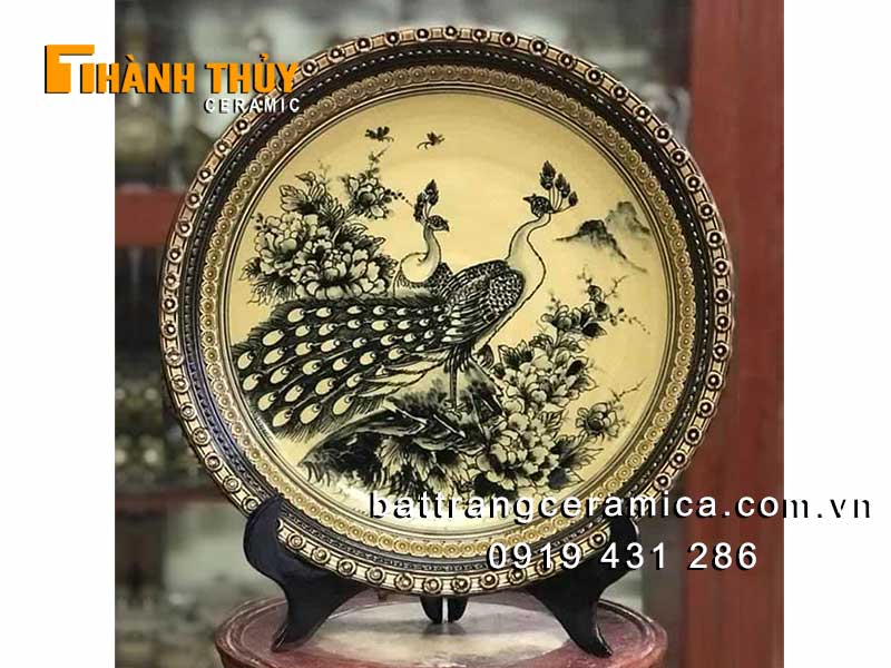 Đĩa giả cổ vẽ chim công mẫu đơn 35cm
