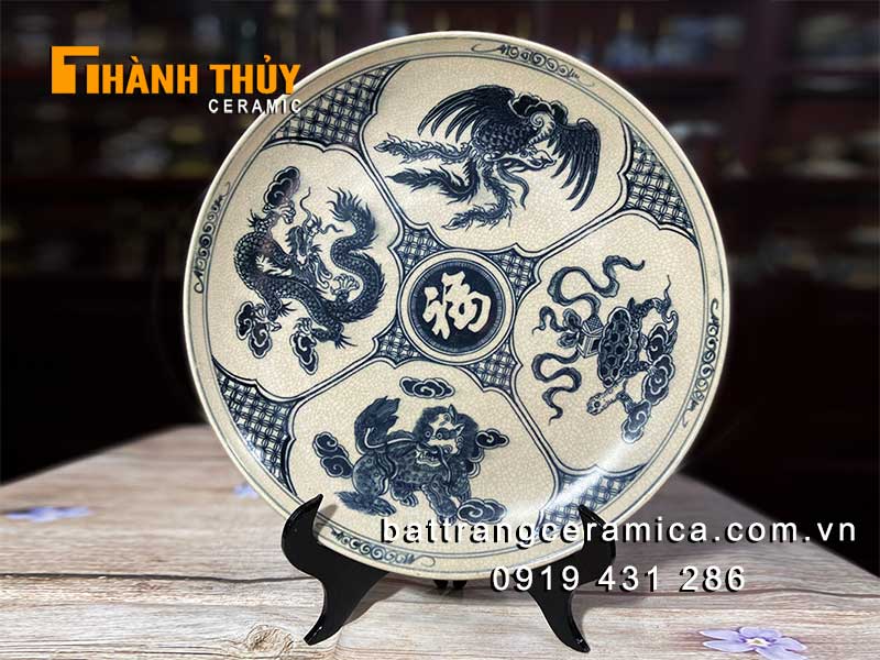 Đĩa sứ phong thủy vẽ tứ linh 35cm