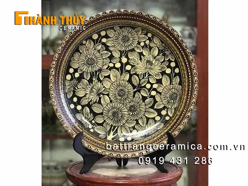 Đĩa sứ trang trí giả cổ vẽ hoa cúc 35cm