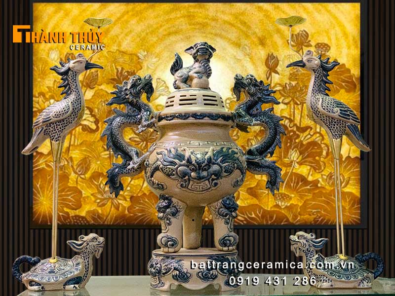 Bộ đỉnh hạc bằng sứ men rạn cao 65cm