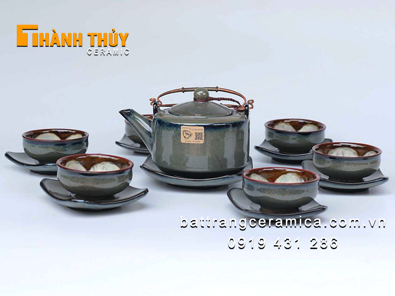 Bộ ấm chén vuông men hỏa biến cao cấp