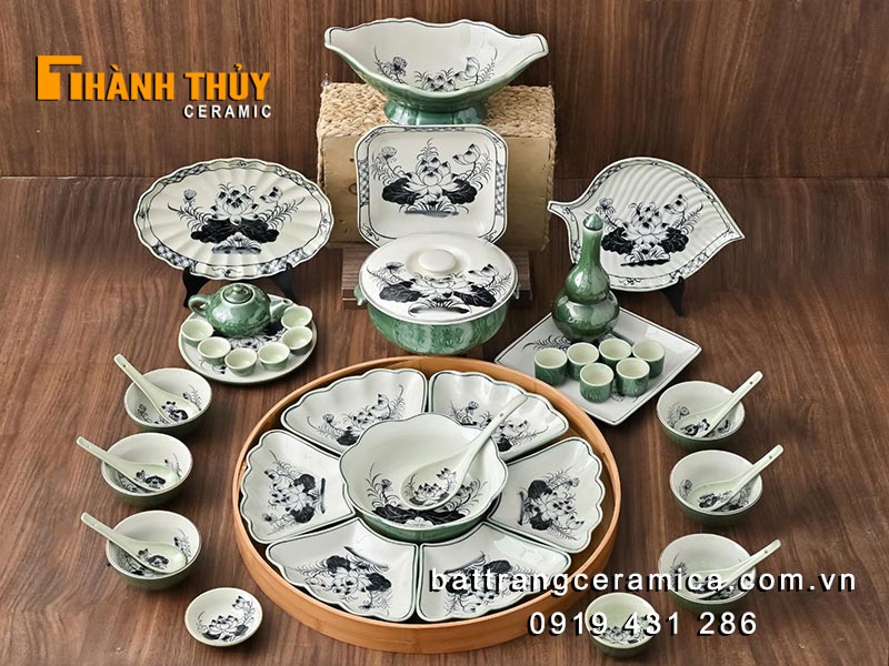 Bộ bát đĩa bày mâm cỗ sen xanh 29 món