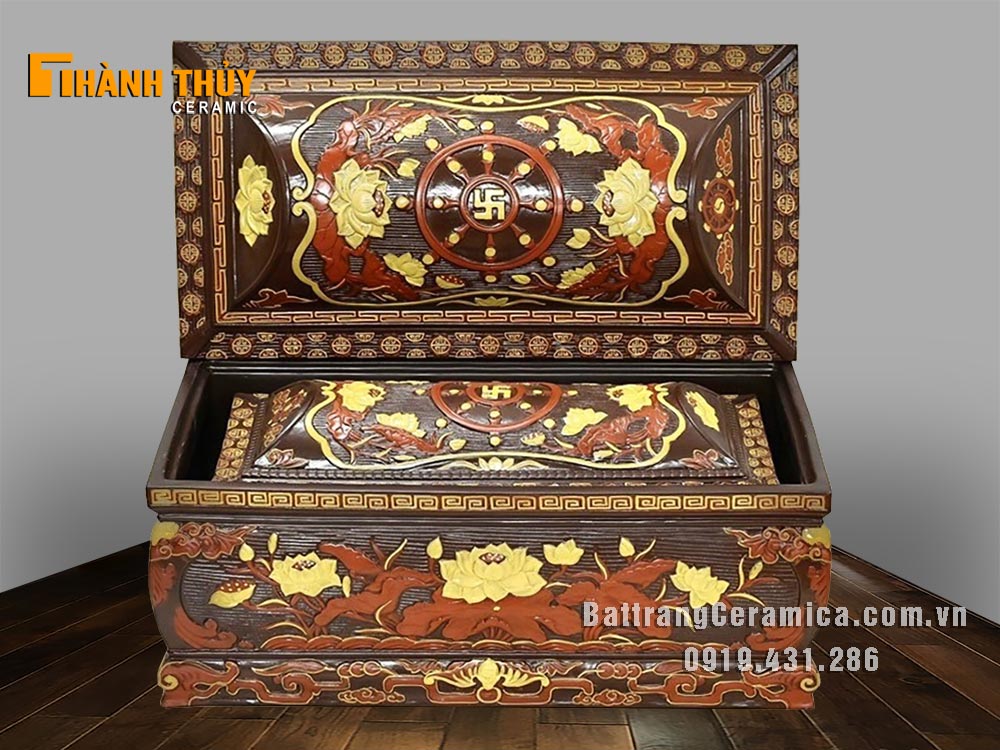 Bộ tiểu quách chân quỳ gốm nâu hoa Sen