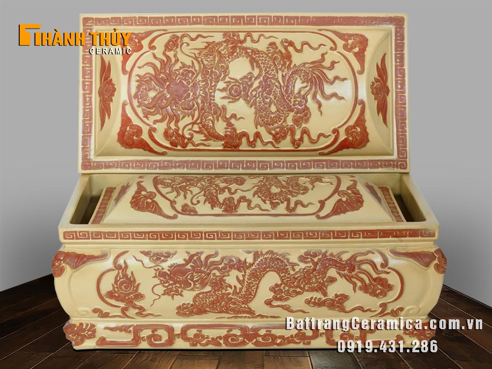 Bộ tiểu quách gốm rồng nổi màu vàng lưu ly