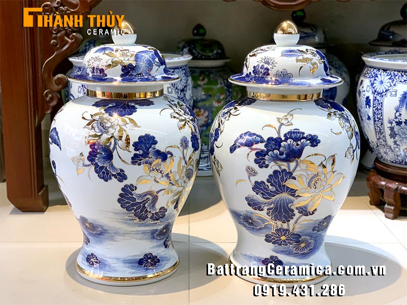 Chóe sứ phong thủy vẽ vàng 24k hoa sen 60cm