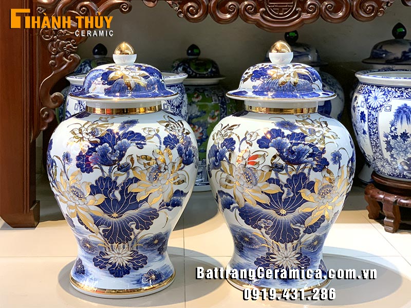 Chóe sứ phong thủy vẽ vàng 24k hoa sen 60cm
